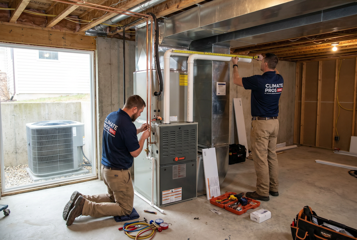 Technicians installing a new HVAC furnace system